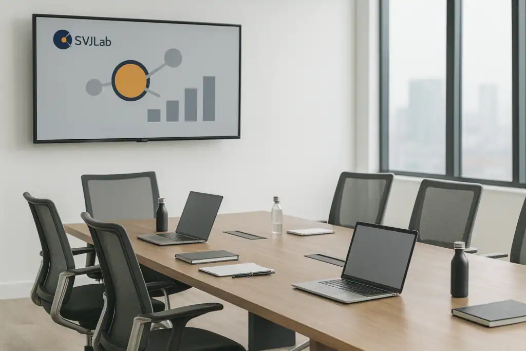 Modern corporate conference room with SVJLab logo on presentation screen