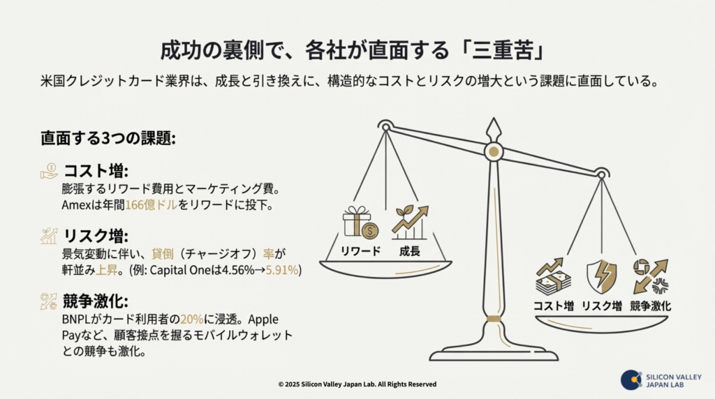 米国カード業界が直面するコスト増・リスク増・競争激化の「三重苦」を示す天秤の図
