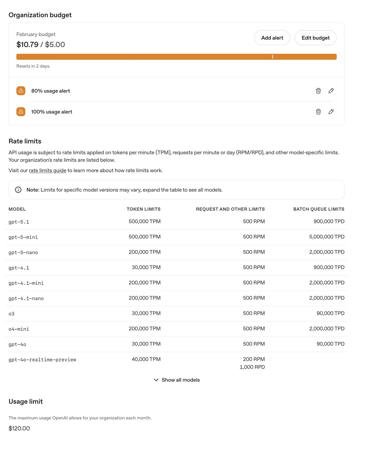 OpenAI API レートリミット通知 — Organization budget超過とRate Limits表示
