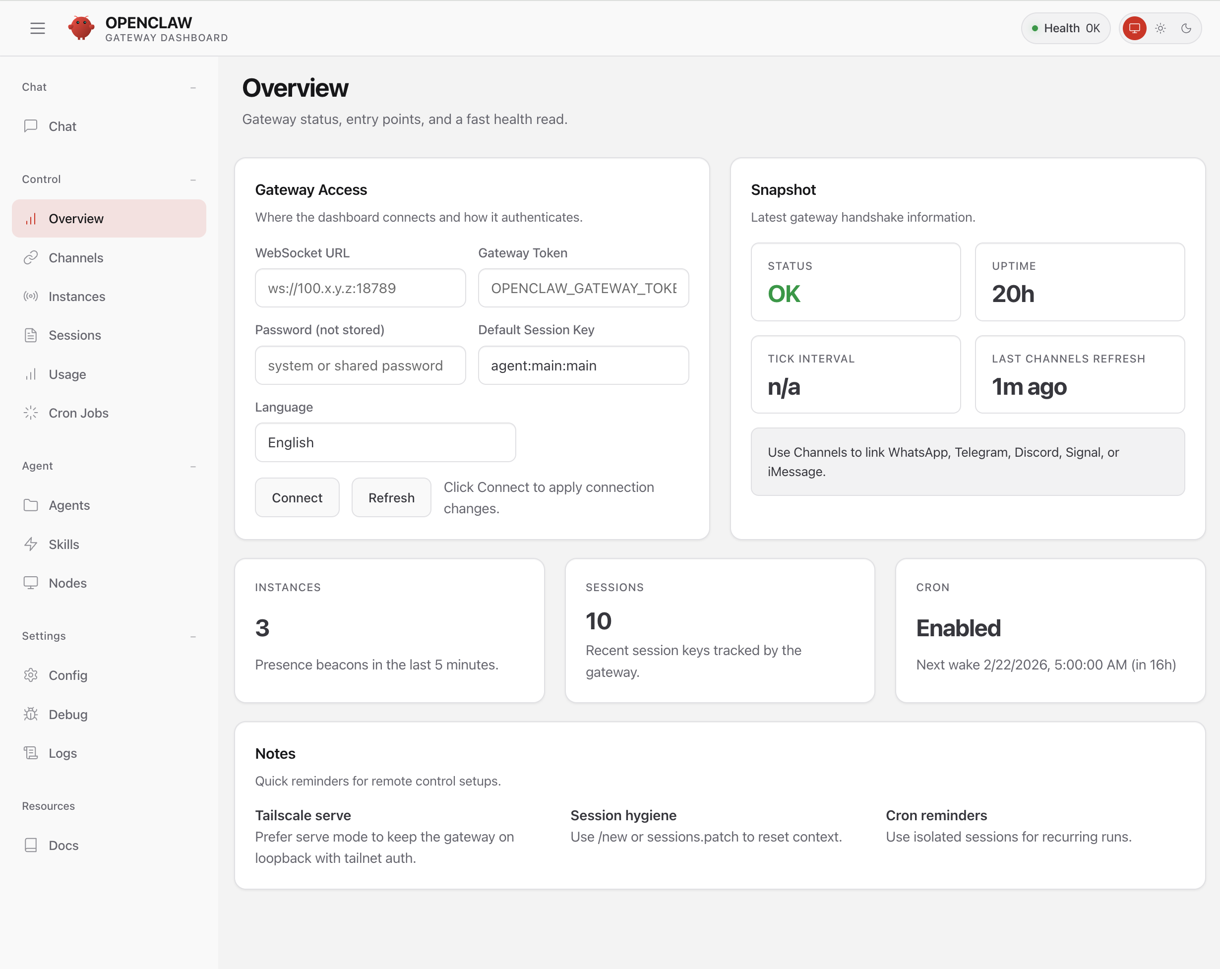OpenClaw Gateway Dashboard — ゲートウェイダッシュボード画面