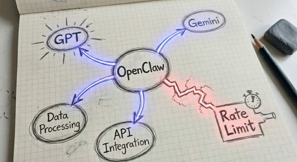 OpenClaw ② — GPT・Gemini・Rate Limitをつなぐハブ構造の図解