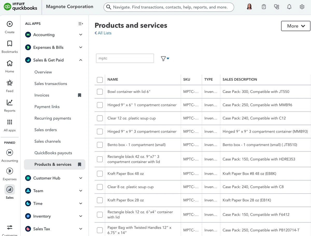 OpenClawがブラウザ操作でアクセスしたQuickBooks — Products and Servicesページ