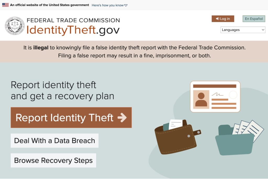 米国連邦取引委員会が運営するIdentityTheft.govの個人情報盗難報告・復旧支援ページ