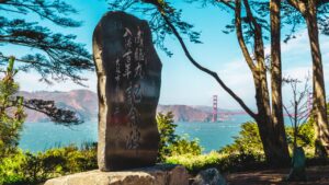 Kanrin Maru memorial stone overlooking San Francisco Bay and the Golden Gate Bridge